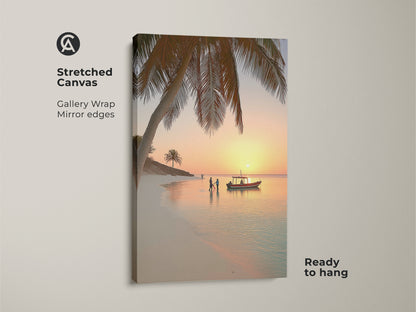 Stretched canvas print of a tropical beach sunset. The coastal palm tree wall art features gallery wrapped mirror edges. The boat ocean landscape print is ready to hang. This orange yellow teal beach decor piece is perfect for bedroom sunset artwork.