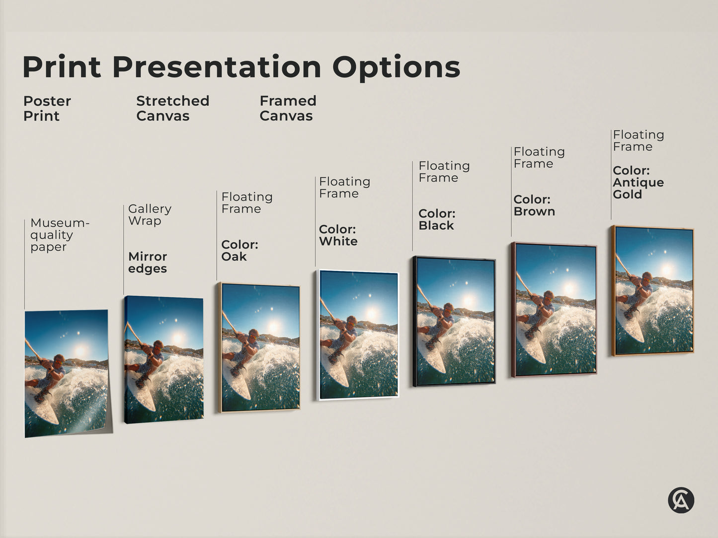 Explore print options for wakeboarding artwork. Choose from poster prints stretched canvas or framed canvas. Various frame colors are available. Find the perfect presentation to match your style and decor.