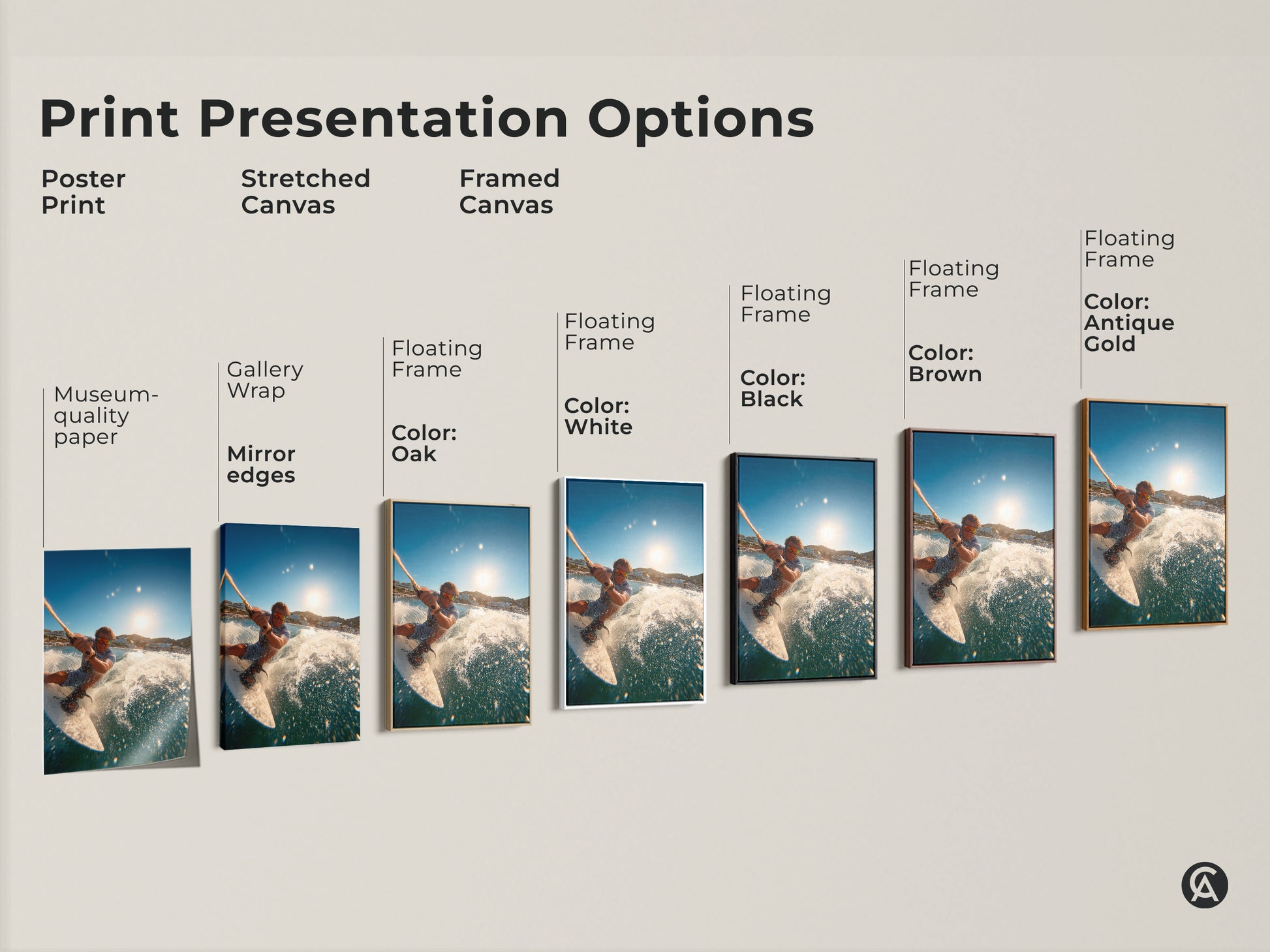 Explore print options for wakeboarding artwork. Choose from poster prints stretched canvas or framed canvas. Various frame colors are available. Find the perfect presentation to match your style and decor.