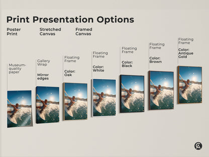 Explore print options for wakeboarding artwork. Choose from poster prints stretched canvas or framed canvas. Various frame colors are available. Find the perfect presentation to match your style and decor.