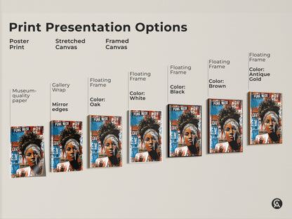 Explore print presentation options for the Punk Mask woman portrait art. Choose from poster print stretched canvas and framed canvas. Options include gallery wrap floating frame oak white black brown and antique gold frames. Find the perfect style for your unique home decor vision. Each option highlights the urban street art collage.