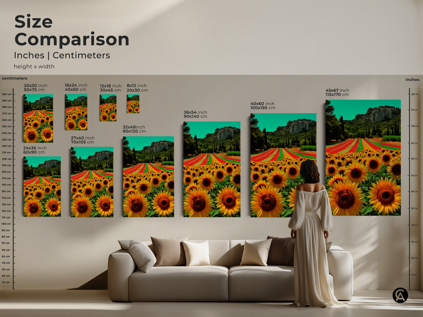 Size comparison of sunflower field canvas art. The art dimensions include 16x24 20x30 and 24x36 inches. Large sizes such as 36x54 and 40x60 are also shown. Visualize sizes on a wall.