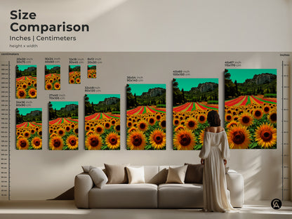 Size comparison of sunflower field canvas art. The art dimensions include 16x24 20x30 and 24x36 inches. Large sizes such as 36x54 and 40x60 are also shown. Visualize sizes on a wall.