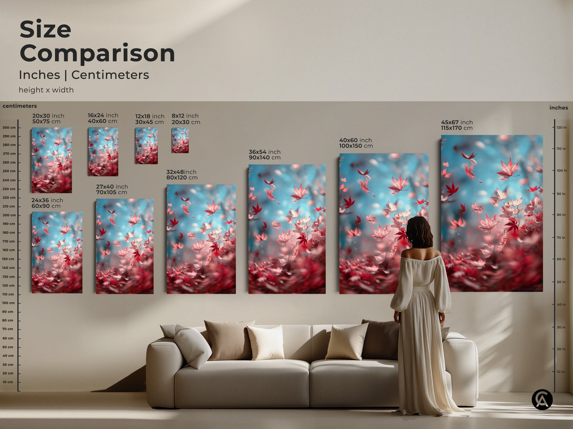 Size comparison of inches centimeters for artwork. Visualize canvas and poster prints in various sizes. See how the red maple leaf artwork complements furniture in your living room setting.