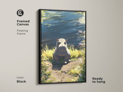 Framed canvas featuring a baby hippopotamus sitting by a riverbank. The floating frame is black and ready to hang. Blue green and yellow hues add charm. Perfect eclectic home wall art for animal lovers or nursery decor.
