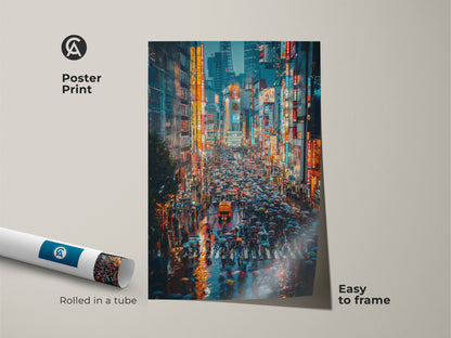 This poster print displays a vibrant Tokyo cityscape with neon signs and street photography. The urban night art is rolled in a tube and easy to frame. This contemporary print is a great gift for travelers.