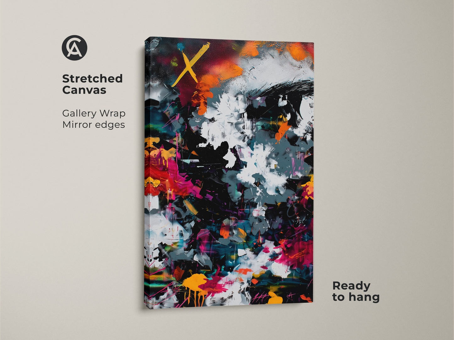 Stretched canvas print featuring an abstract design. Gallery wrapped with mirror edges this piece is ready to hang. Bold colors and dynamic brushstrokes create a modern aesthetic. Add a touch of artistic flair to your living space with this eye-catching canvas artwork
