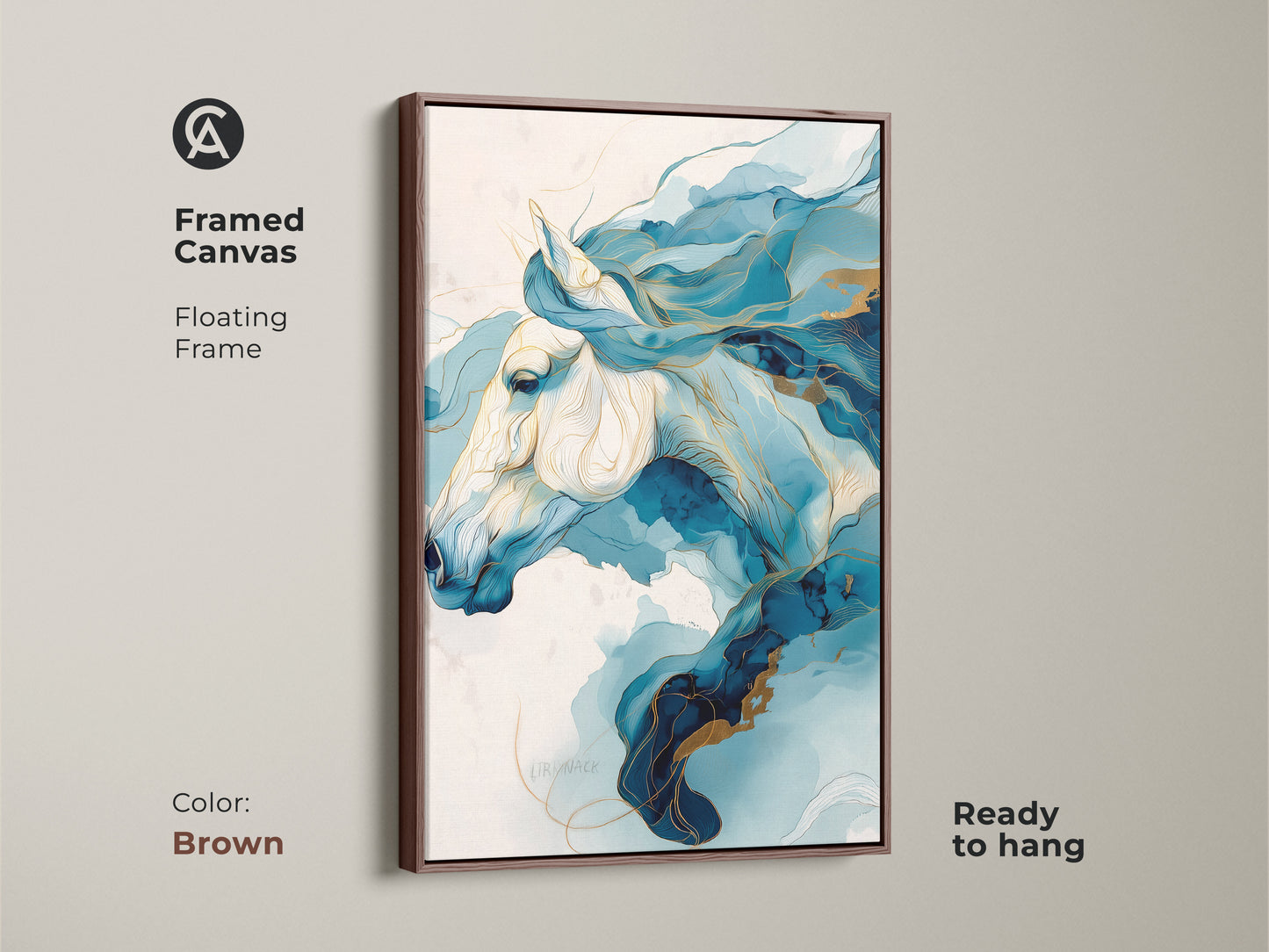 Framed canvas with a brown floating frame. A blue and gold abstract horse artwork. This contemporary piece is ready to hang. Add a touch of modern elegance to your home with this equine art.