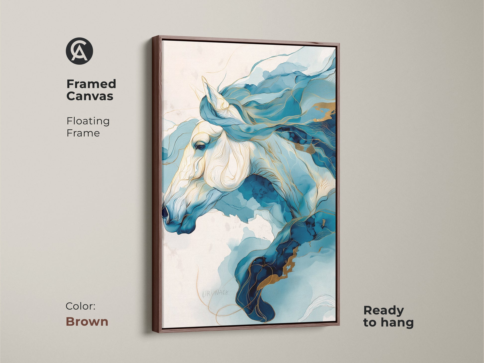 Framed canvas with a brown floating frame. A blue and gold abstract horse artwork. This contemporary piece is ready to hang. Add a touch of modern elegance to your home with this equine art.
