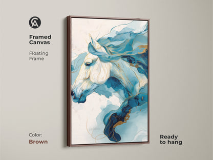 Framed canvas with a brown floating frame. A blue and gold abstract horse artwork. This contemporary piece is ready to hang. Add a touch of modern elegance to your home with this equine art.