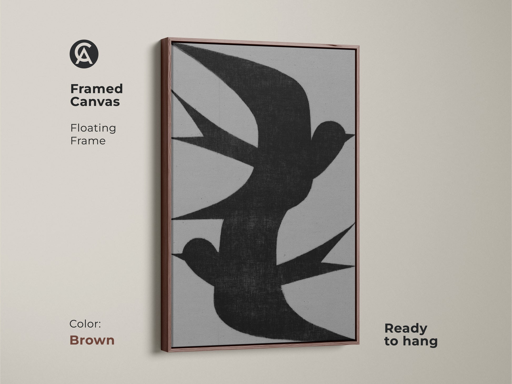 Framed canvas of minimalist wall art featuring an abstract black swallow flock. The floating frame color is brown. This modern grey nature decor is ready to hang. This is perfect as bedroom wall art or a housewarming gift canvas for minimalist homes.