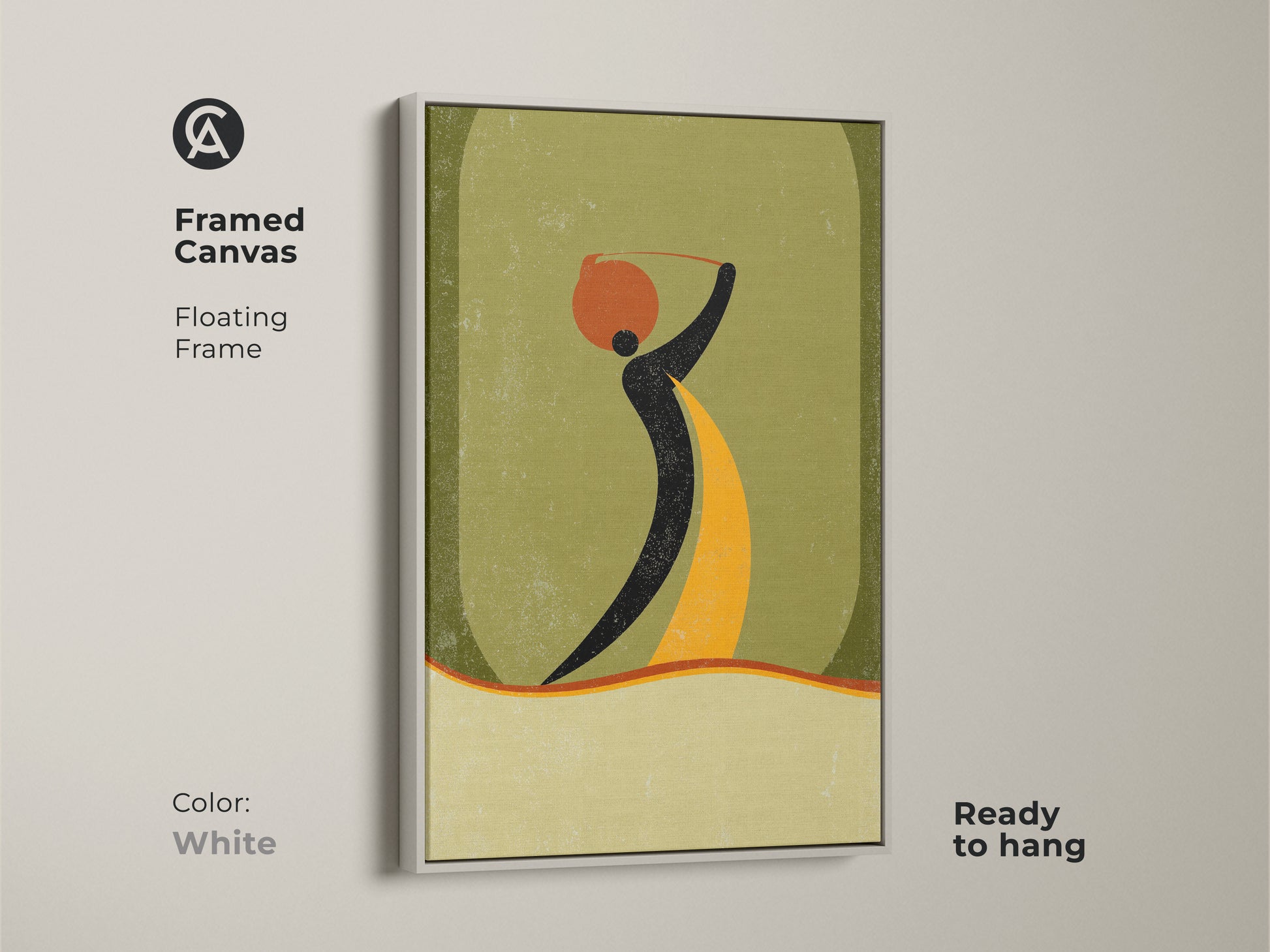 Framed canvas displays an abstract woman carrying a pot artwork with a white floating frame. This boho wall art is a mid-century modern decor element. Orange yellow and green art suits entryway decor.