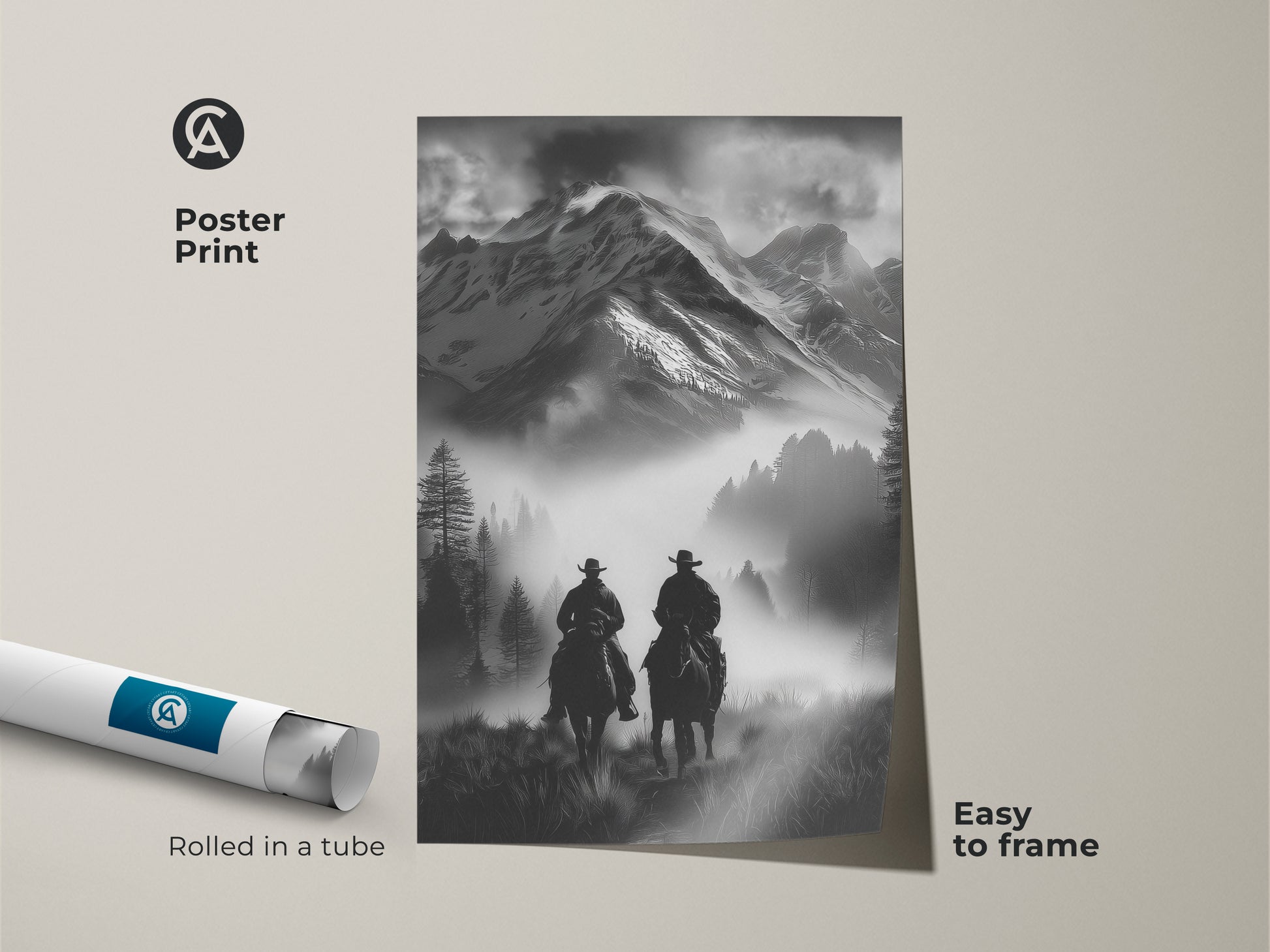 Poster print of monochrome cowboy art. The western landscape print is rolled in a tube for easy framing. This mountain wall art rustic adds a touch of adventure to any home decor.
