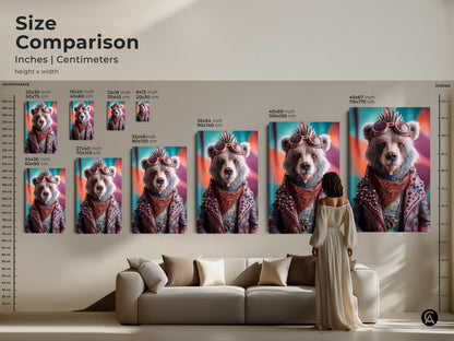 Size comparison of punk bear wall art. See how different sizes fit above a sofa. Choose the perfect rock and roll canvas print for your home. Available in inches and centimeters. Find the ideal man cave wall decor. Get your unique animal portrait today.