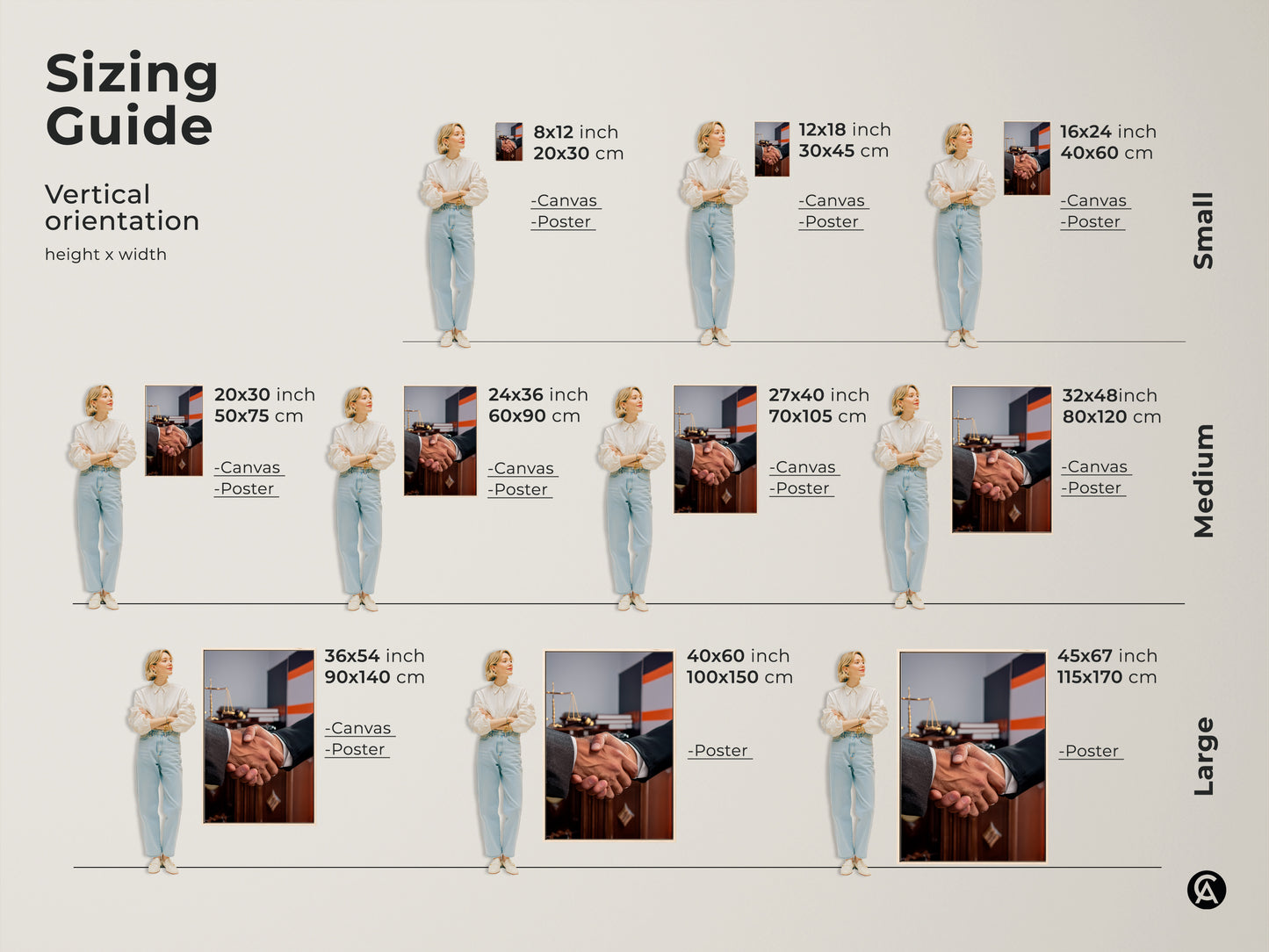 Sizing guide for vertical handshake artwork. Visualize canvas and poster sizes from small to large. Dimensions range from 8x12 to 45x67 inches. Perfect as lawyer gifts and office wall art. Choose the ideal size for your contemporary office decor. Enhance your professional space with scales of justice artwork.
