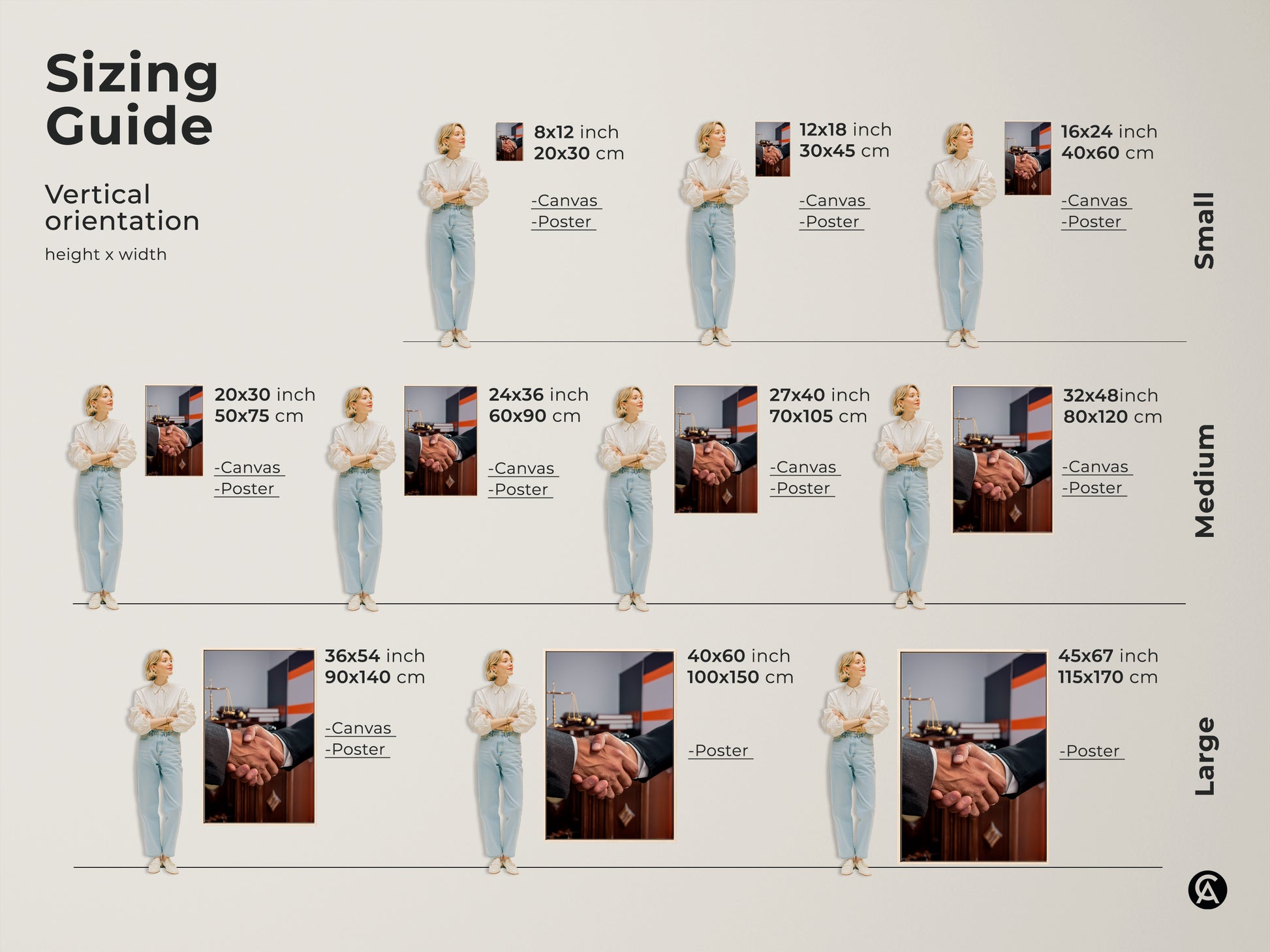 Sizing guide for vertical handshake artwork. Visualize canvas and poster sizes from small to large. Dimensions range from 8x12 to 45x67 inches. Perfect as lawyer gifts and office wall art. Choose the ideal size for your contemporary office decor. Enhance your professional space with scales of justice artwork.