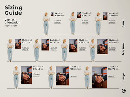 Sizing guide for vertical handshake artwork. Visualize canvas and poster sizes from small to large. Dimensions range from 8x12 to 45x67 inches. Perfect as lawyer gifts and office wall art. Choose the ideal size for your contemporary office decor. Enhance your professional space with scales of justice artwork.