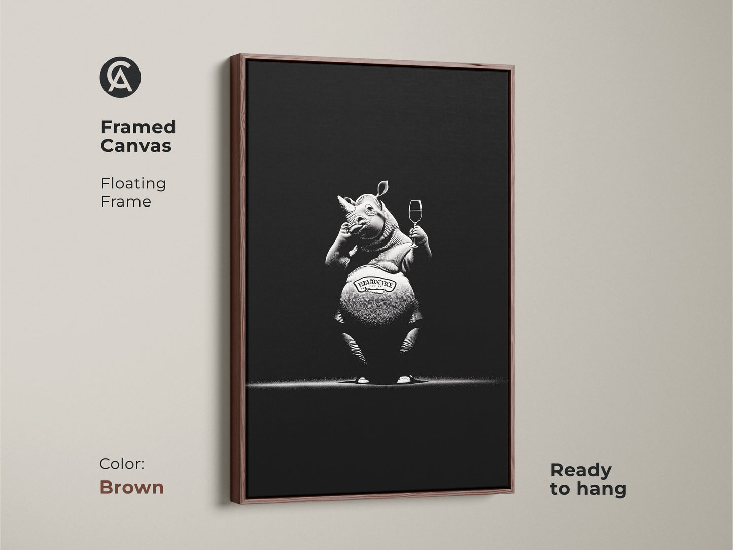 Framed canvas with floating frame showcasing the sophisticated rhino artwork. This ready to hang brown frame enhances the monochrome bar decor. Add a touch of humor with this black and white animal poster. A unique gift for wine enthusiasts or animal lovers. Perfect as modern man cave art or office wall decor animal.