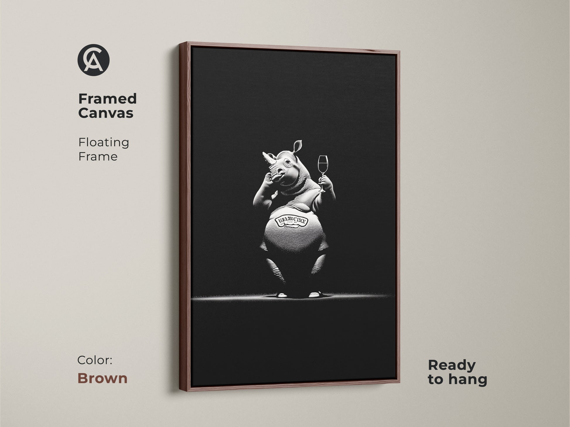 Framed canvas with floating frame showcasing the sophisticated rhino artwork. This ready to hang brown frame enhances the monochrome bar decor. Add a touch of humor with this black and white animal poster. A unique gift for wine enthusiasts or animal lovers. Perfect as modern man cave art or office wall decor animal.