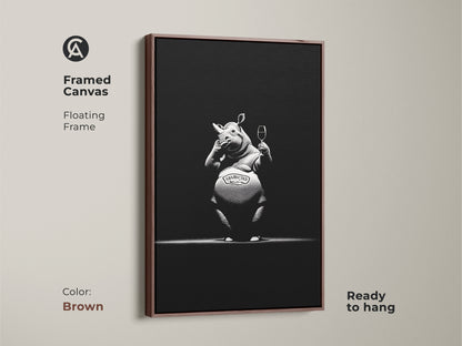 Framed canvas with floating frame showcasing the sophisticated rhino artwork. This ready to hang brown frame enhances the monochrome bar decor. Add a touch of humor with this black and white animal poster. A unique gift for wine enthusiasts or animal lovers. Perfect as modern man cave art or office wall decor animal.