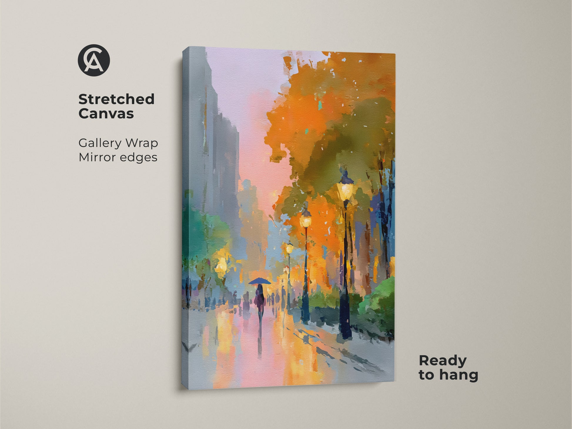 Stretched canvas art featuring an impressionist cityscape. Gallery wrapped with mirror edges this artwork is ready to hang. The expressive street scene shows a person with an umbrella under glowing street lamps. Perfect for adding a contemporary touch.