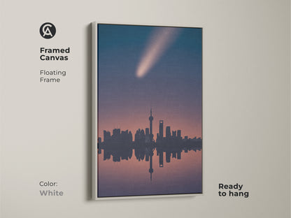 White framed canvas art featuring the Shanghai skyline and a comet. This minimalist space artwork is ready to hang. The navy pink teal cityscape print adds a modern touch to your home decor.