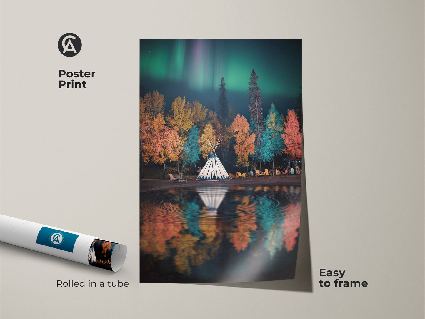 Poster print of a tipi camp reflecting in a lake under the aurora. This autumn forest scene in emerald green and teal is easy to frame. Boho nature landscape artwork is rolled in a tube for protection during shipping.