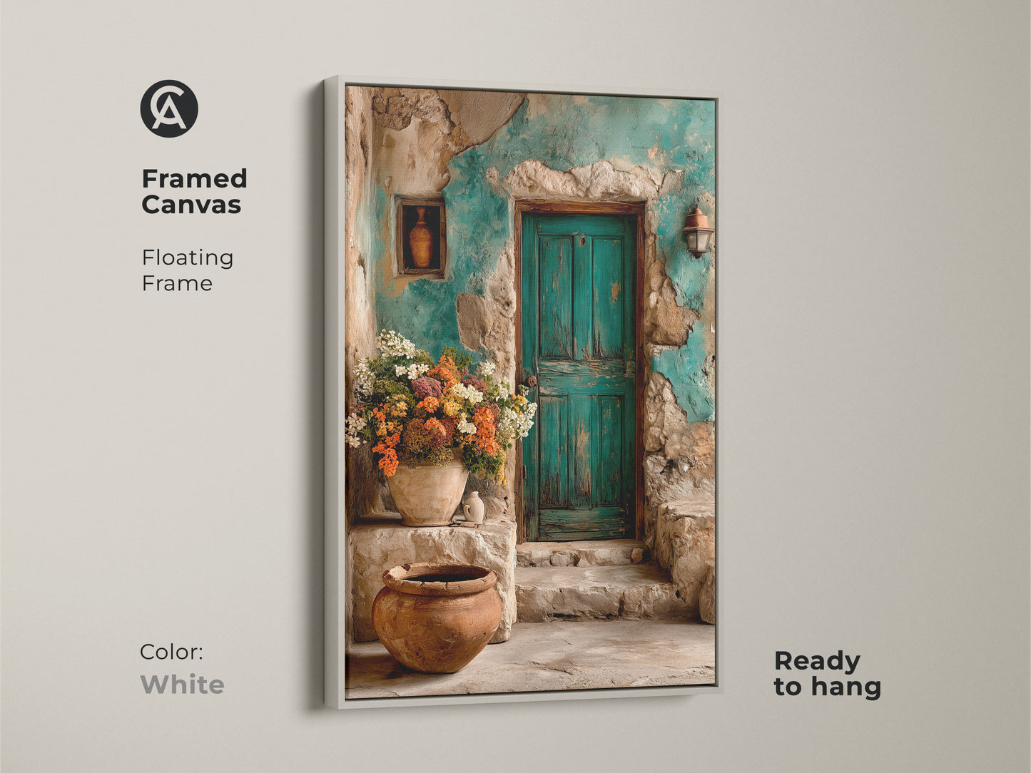 Framed canvas in white featuring boho floral wall art. A rustic teal door and vibrant flowers create Mediterranean home decor. Perfect as a travel lovers gift print this botanical scene canvas is ready to hang adding old world charm.