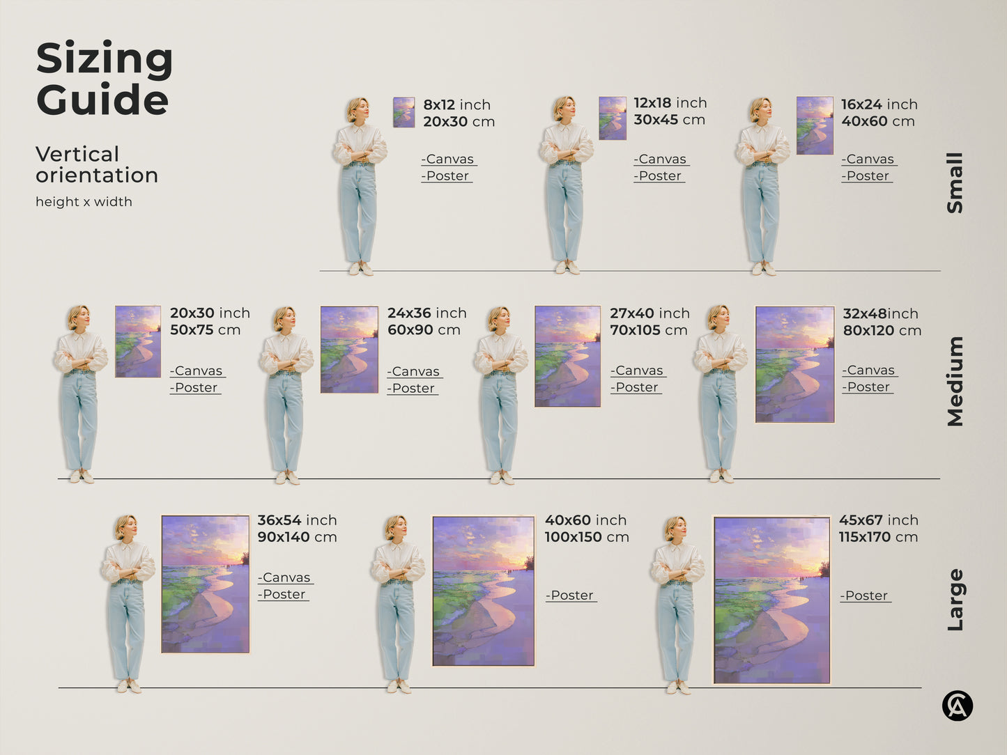 Sizing guide for vertical impressionistic beach sunset canvas art. Visualize different sizes for coastal ocean waves wall prints. See how a purple pink sky landscape fits in various spaces. Find the perfect seaside home decor gift.