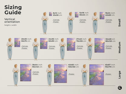 Sizing guide for vertical impressionistic beach sunset canvas art. Visualize different sizes for coastal ocean waves wall prints. See how a purple pink sky landscape fits in various spaces. Find the perfect seaside home decor gift.