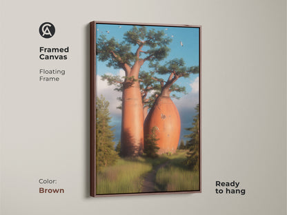 Brown framed canvas art features an African Savanna landscape and iconic baobab trees. This realistic nature photography is ready to hang. The orange blue green landscape complements eclectic decor. This savanna sky art is a unique gift for nature lovers.