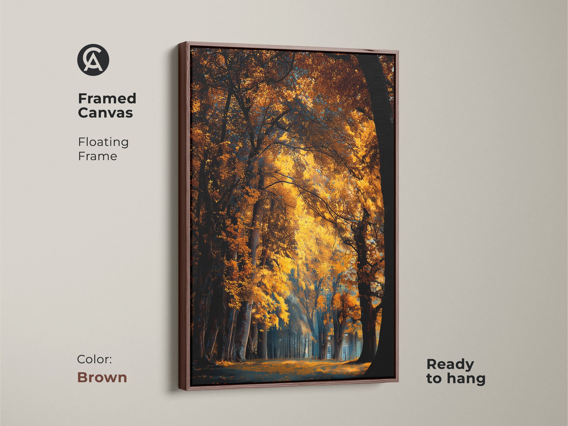 Framed canvas featuring autumn forest. The floating frame is brown. The ready to hang artwork brings nature inside. This wall decor displays outdoor landscapes.