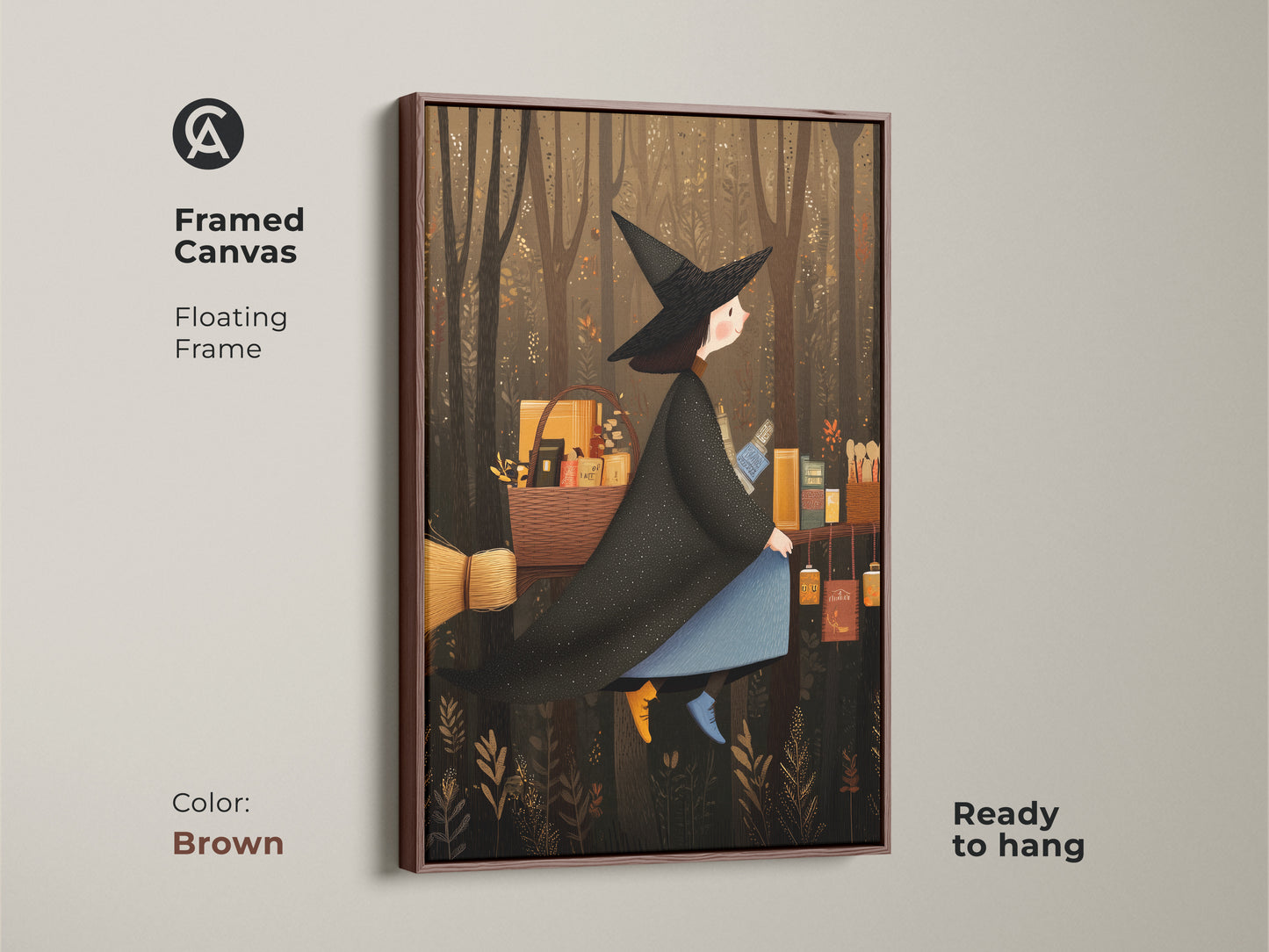 A framed canvas with a brown floating frame displays a witch in flight. The cozy witch aesthetic makes it a great seasonal piece. The art print adds a touch of magic to your home.