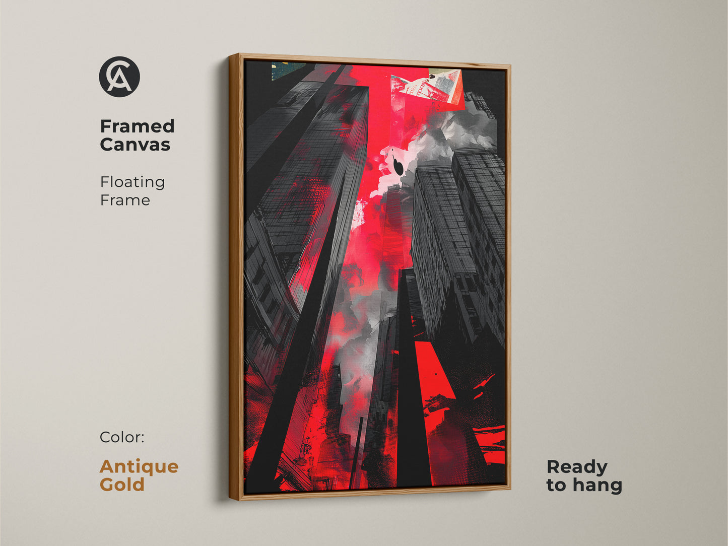 Framed canvas featuring an abstract cityscape with an antique gold floating frame. This ready-to-hang red and black urban artwork is ideal for contemporary offices and homes.