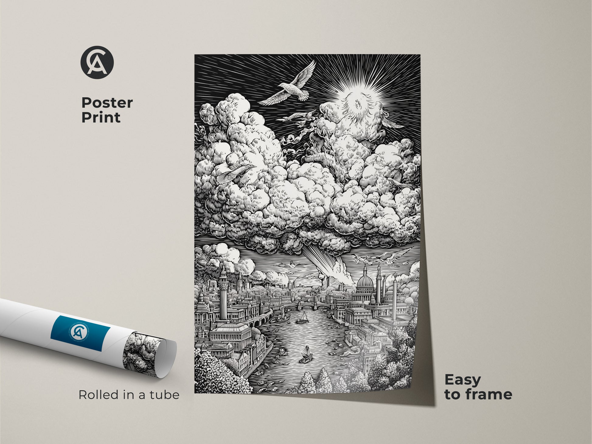Poster print featuring a monochrome London cityscape. Detailed architecture lines the Thames River. Above the city are clouds and a radiant sun. This art print is easy to frame. It ships rolled in a protective tube.