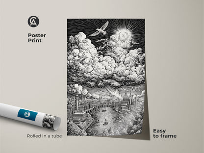 Poster print featuring a monochrome London cityscape. Detailed architecture lines the Thames River. Above the city are clouds and a radiant sun. This art print is easy to frame. It ships rolled in a protective tube.
