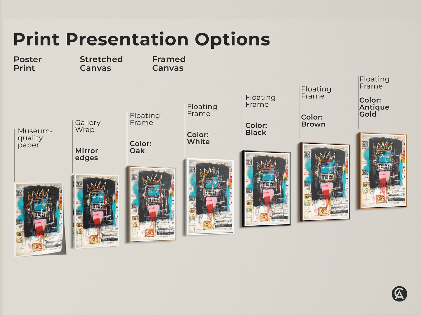 Explore print presentation options for a Basquiat-style artwork. Choose from poster prints stretched canvas and framed canvas. Select a floating frame in colors like white black brown oak and antique gold