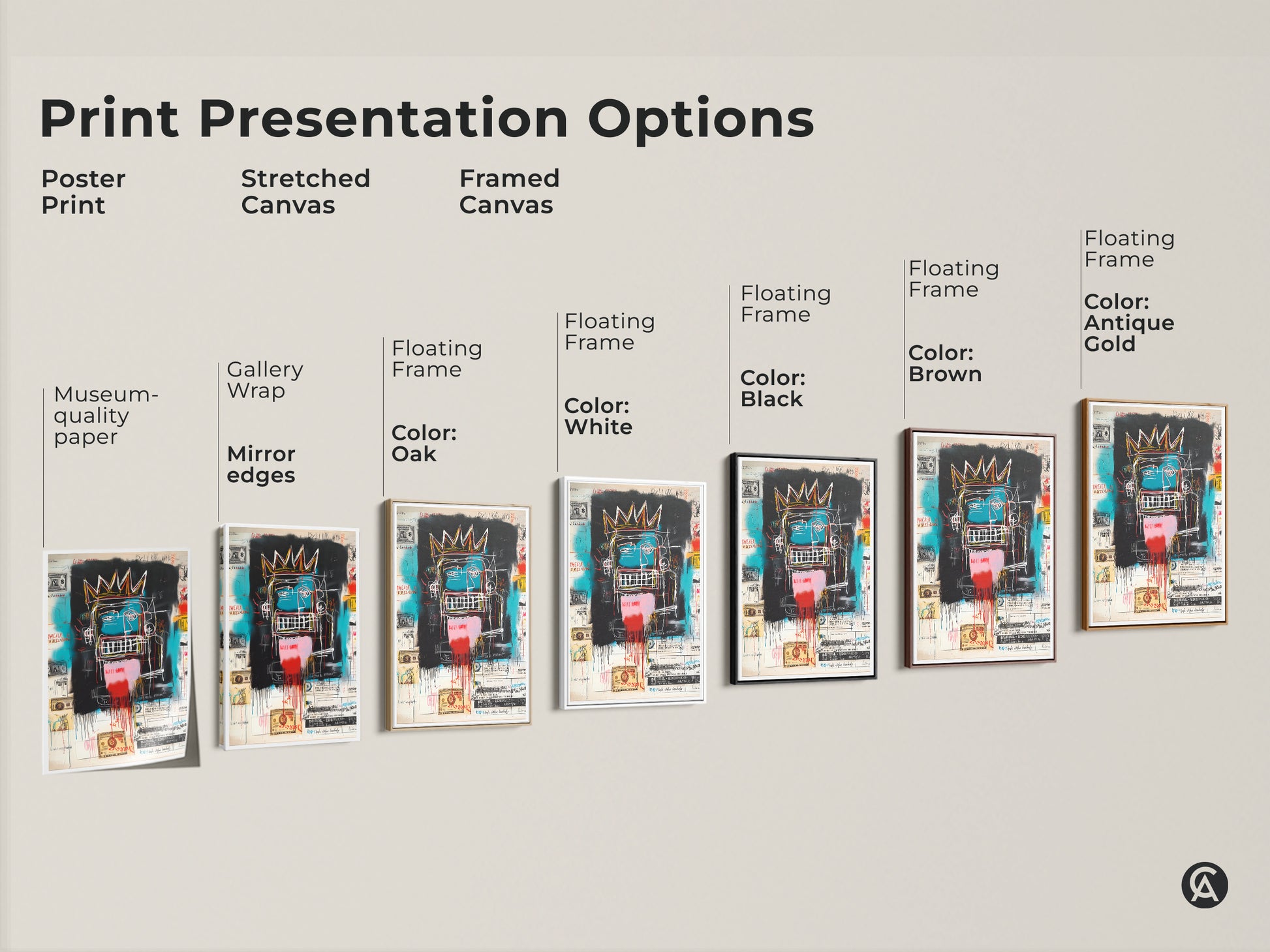 Explore print presentation options for a Basquiat-style artwork. Choose from poster prints stretched canvas and framed canvas. Select a floating frame in colors like white black brown oak and antique gold