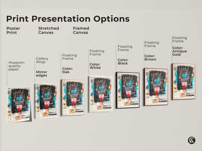 Explore print presentation options for a Basquiat-style artwork. Choose from poster prints stretched canvas and framed canvas. Select a floating frame in colors like white black brown oak and antique gold