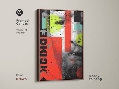 Framed canvas showcasing abstract face wall art. The brown floating frame complements the grunge collage style. Eclectic red yellow and teal hues add a vibrant touch. Ready to hang this unique canvas art enhances any room. It makes a thoughtful housewarming gift for art lovers.