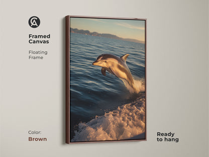 Framed canvas art of a dolphin leaping from teal blue ocean waves with a floating brown frame. This marine animal canvas is ready to hang. The realistic wildlife art makes a perfect housewarming gift for ocean lovers. Ideal nautical themed decor.
