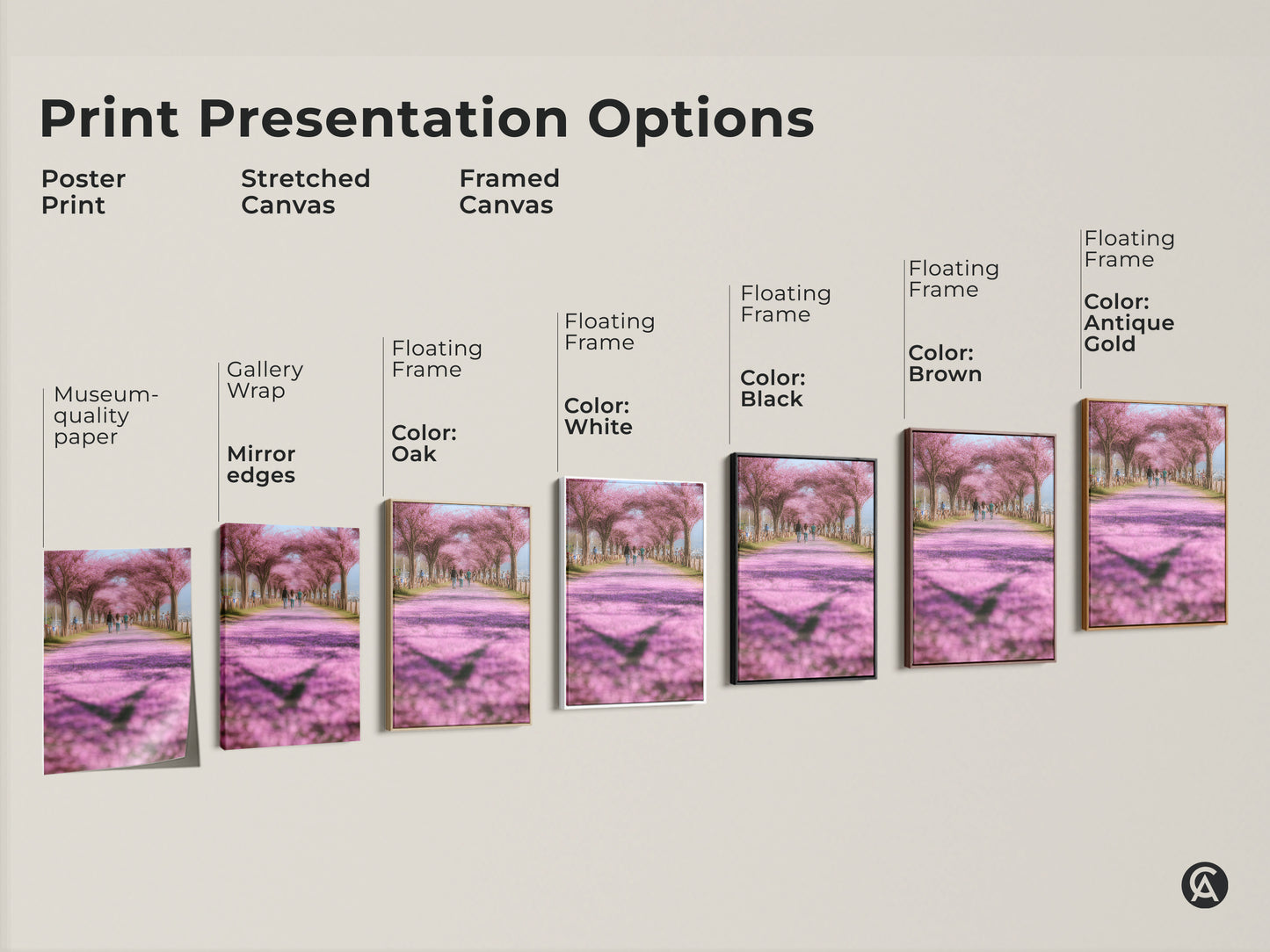 Explore print presentation options for cherry blossom art. Choose from poster prints stretched canvas and framed canvas. Museum-quality paper gallery wrap and floating frames are available. Find the perfect format to showcase this romantic spring landscape in your home decor.