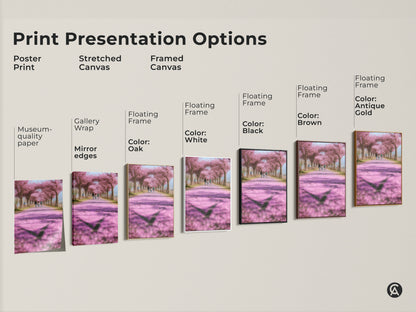 Explore print presentation options for cherry blossom art. Choose from poster prints stretched canvas and framed canvas. Museum-quality paper gallery wrap and floating frames are available. Find the perfect format to showcase this romantic spring landscape in your home decor.