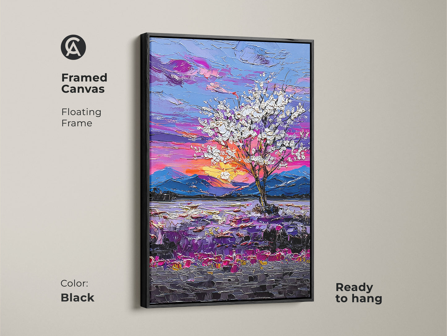 Enhance your space with our Framed Impressionist Tree Canvas. The black floating frame highlights the purple sunset landscape. This ready to hang botanical artwork brings an elegant touch to any residential wall.