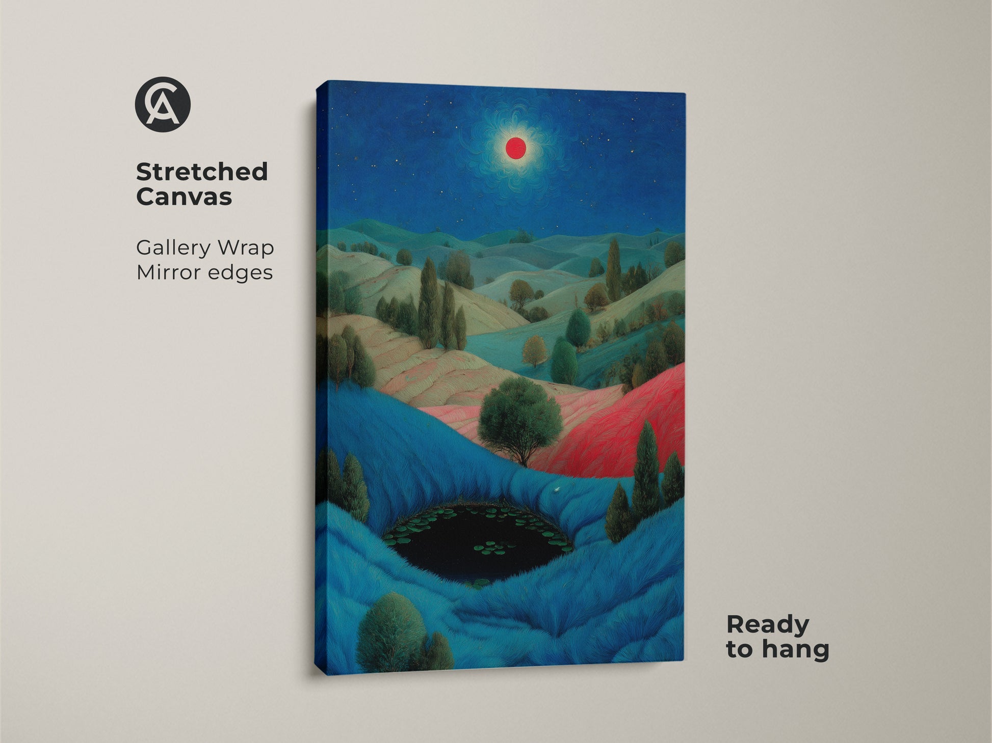 Close-up of a surreal landscape artwork canvas. Vivid blues and reds create a dreamy scene with rolling hills and a pond. Ideal eclectic art print for unique home decor. Add artistic fantasy to your walls.