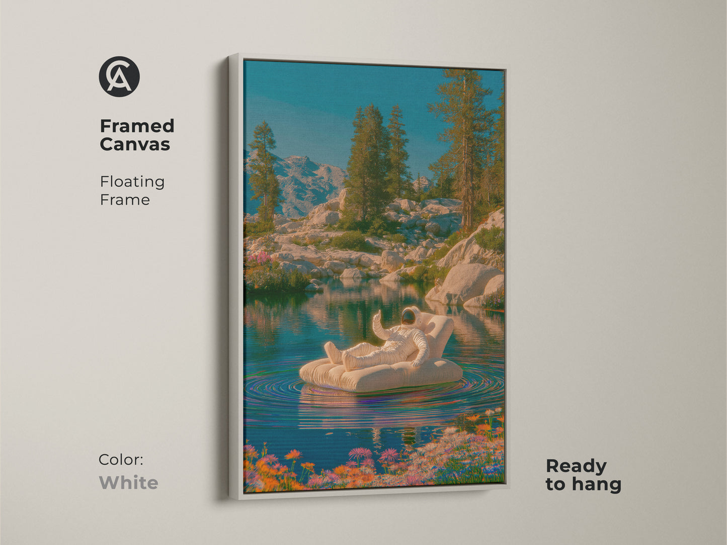 This astronaut floating artwork is a surreal mountain lake canvas. The blue green teal nature wall art has a contemporary space aesthetic. This framed canvas is ready to hang. The gold frame makes this art a perfect housewarming gift. This is a cool astronaut poster.