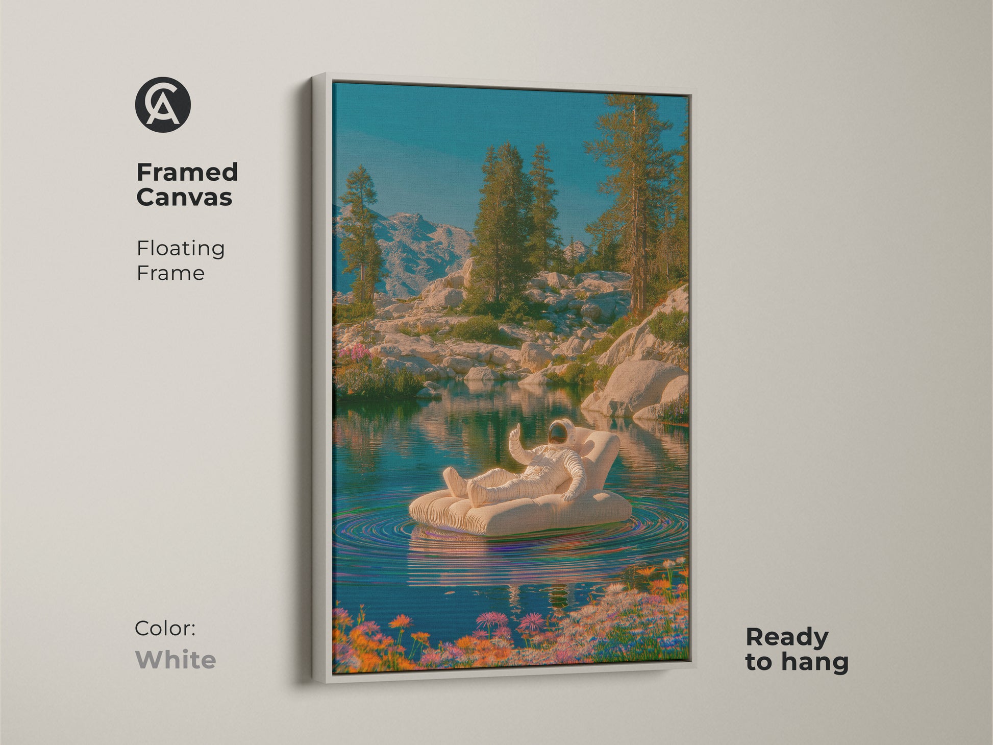This astronaut floating artwork is a surreal mountain lake canvas. The blue green teal nature wall art has a contemporary space aesthetic. This framed canvas is ready to hang. The gold frame makes this art a perfect housewarming gift. This is a cool astronaut poster.