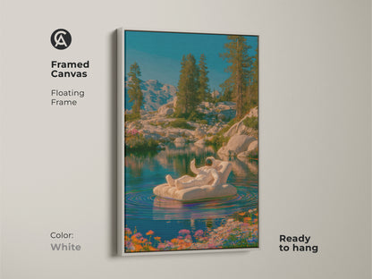This astronaut floating artwork is a surreal mountain lake canvas. The blue green teal nature wall art has a contemporary space aesthetic. This framed canvas is ready to hang. The gold frame makes this art a perfect housewarming gift. This is a cool astronaut poster.