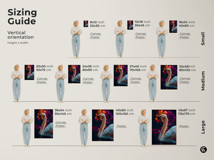 Sizing guide for the photorealistic swan canvas and poster prints. Visualize small medium and large sizes with vertical orientation. Find the perfect fit for your wall art needs. Ideal wildlife art for any room.
