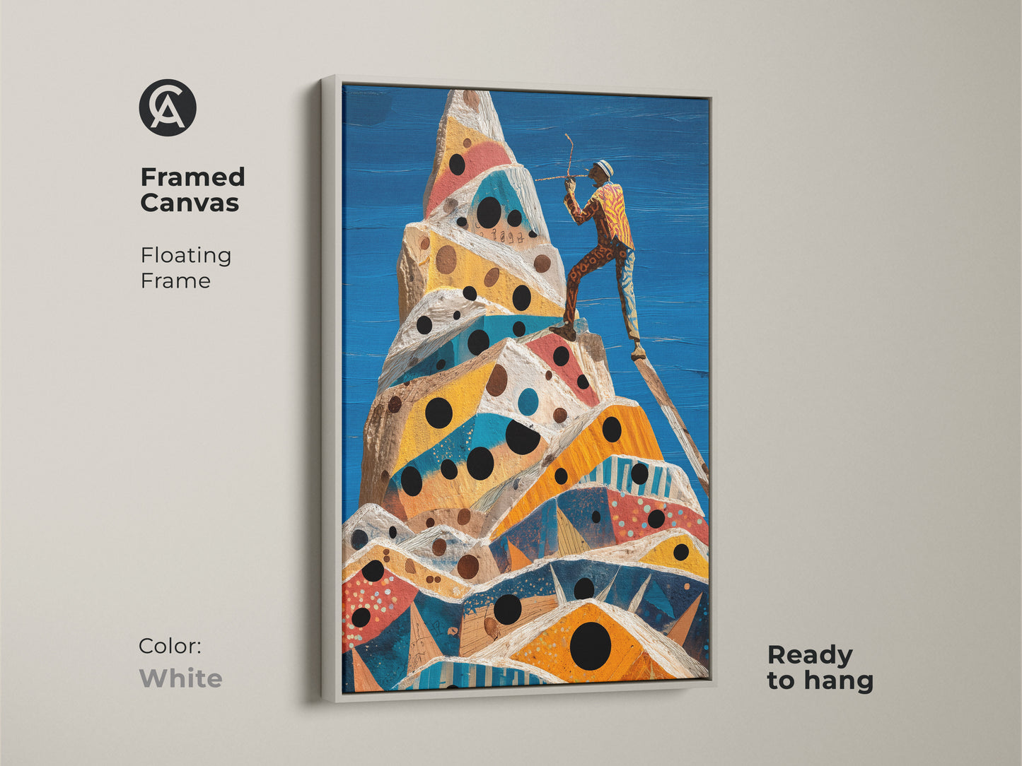 A framed canvas with a floating white frame features surreal mountain climb art. An abstract geometric peak shows an adventurer figurine. Ready to hang cobalt blue yellow orange artwork complements modern interiors.